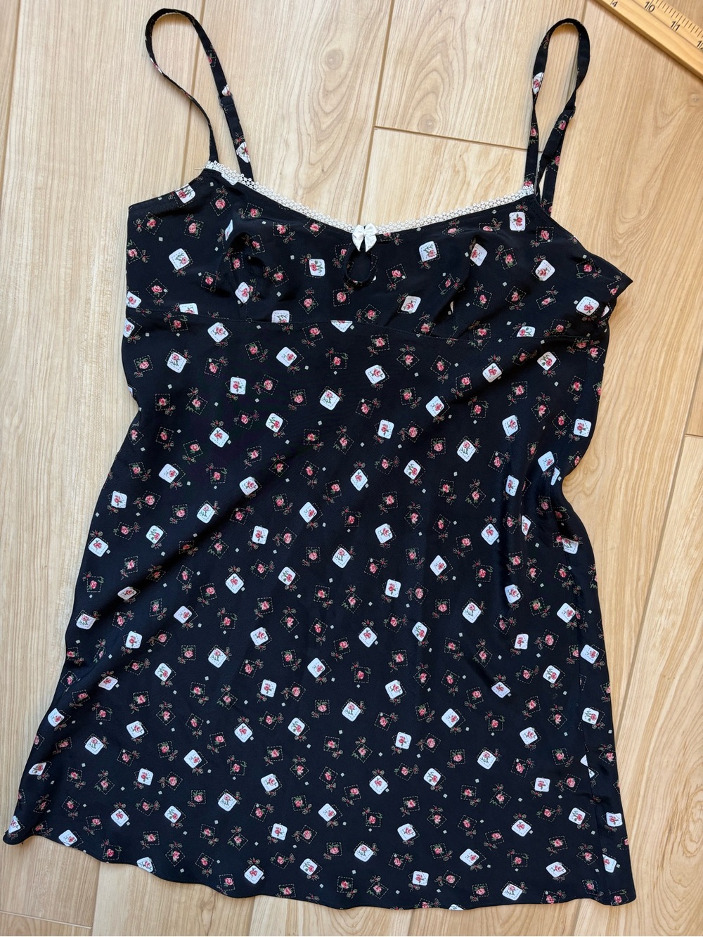 Black Floral-Print Mini Slip Dress with Lace Trim and bow detail size small